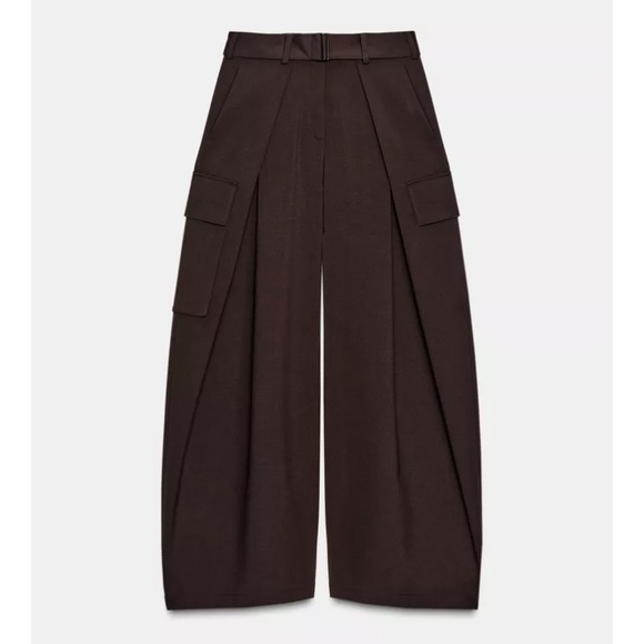 ZARA PLEATED CARGO PANTS ZW COLLECTION LARGE BROWN 4043/266/700 - Picture 10 of 14